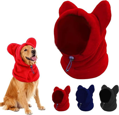 Dog Snood Winter Hood with Ear Protection, Fleece Neck Warmer for Dogs, (Red, Large)