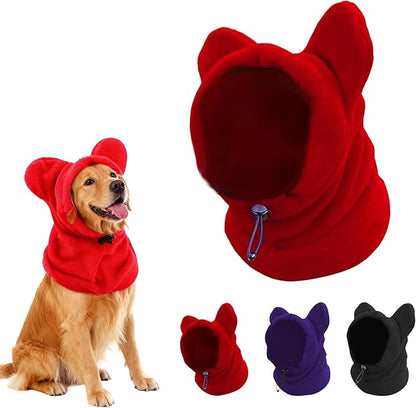 Dog Snood Winter Hood with Ear Protection, Fleece Neck Warmer for Dogs, (Red, Small)