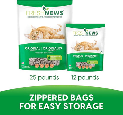 Fresh News Recycled Paper Original Pellet Cat Litter, 12 Pound, Non-Clumping, Unscented, Made in USA