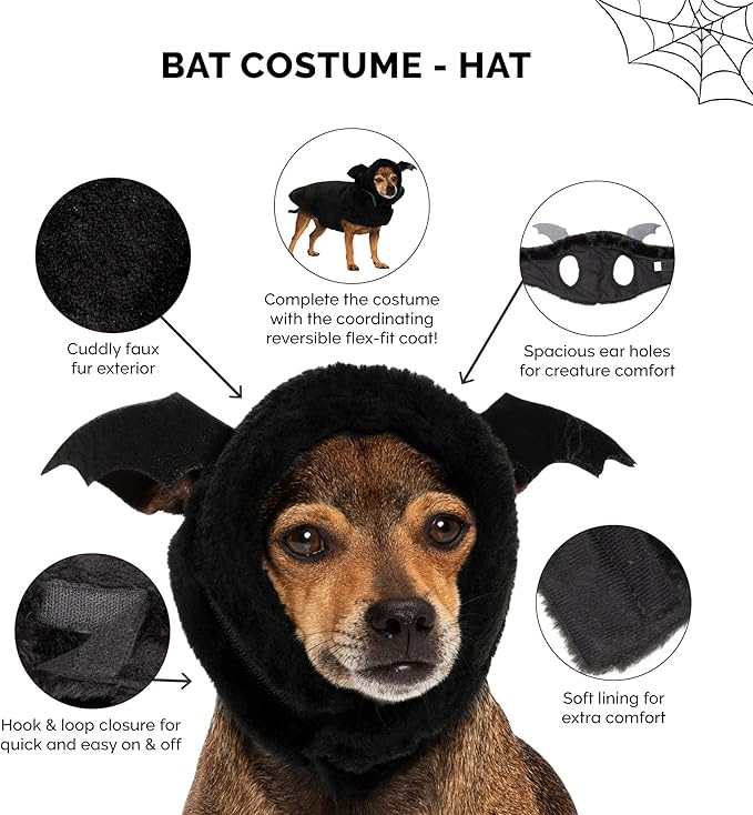 Furhaven Cozy Plush Faux Fur Flex-Fit Black Bat Dog Hat - Washable, Extra Large
