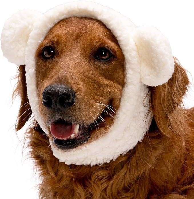 Furhaven Large to XL Dog Hat, Washable & Cozy - Sherpa Flex-Fit Polar Bear Dog Hat Costume - Cream, Large to Extra Large