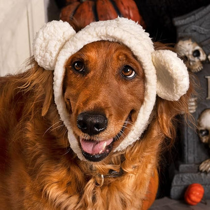 Furhaven Large to XL Dog Hat, Washable & Cozy - Sherpa Flex-Fit Polar Bear Dog Hat Costume - Cream, Large to Extra Large