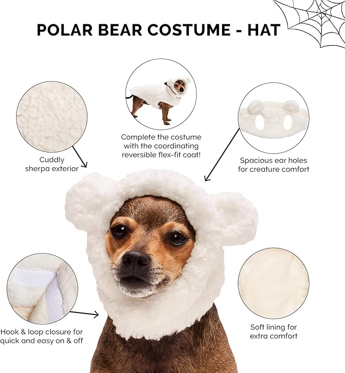 Furhaven Large to XL Dog Hat, Washable & Cozy - Sherpa Flex-Fit Polar Bear Dog Hat Costume - Cream, Large to Extra Large