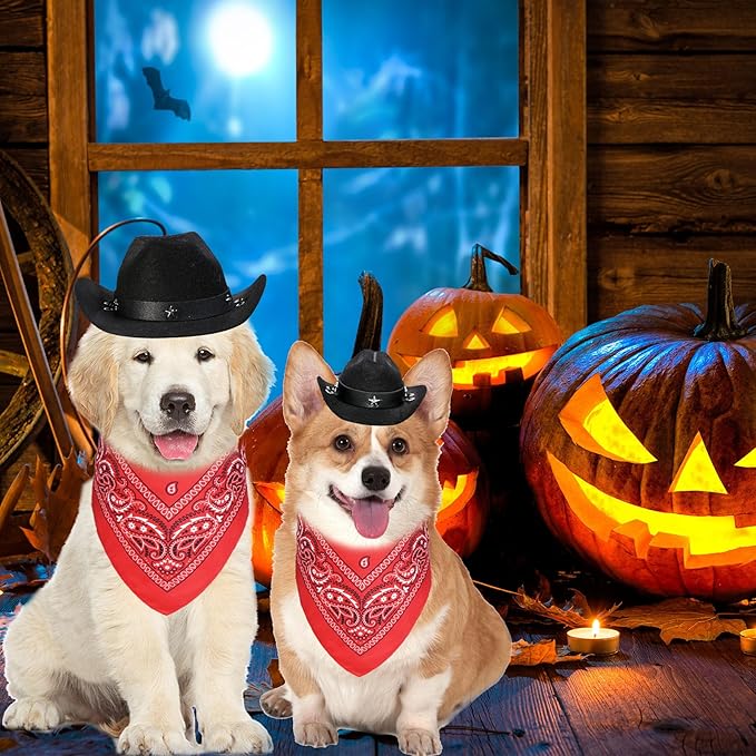 GOYOSWA Dog Halloween Costumes, Dog Cowboy Costume Halloween Pet Cowboy Hat Bandana Scarf for Small Medium Large Dogs Pets (Black Hat & Red Bandana, Small)