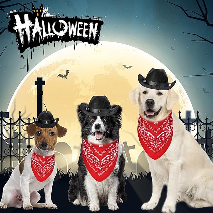 GOYOSWA Dog Halloween Costumes, Dog Cowboy Costume Halloween Pet Cowboy Hat Bandana Scarf for Small Medium Large Dogs Pets (Black Hat & Red Bandana, Small)