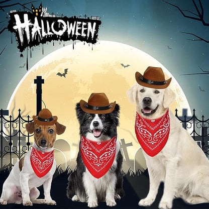 GOYOSWA Dog Halloween Costumes, Dog Cowboy Costume Halloween Pet Cowboy Hat Bandana Scarf for Small Medium Large Dogs Pets (Brown Hat & Red Bandana, Large)