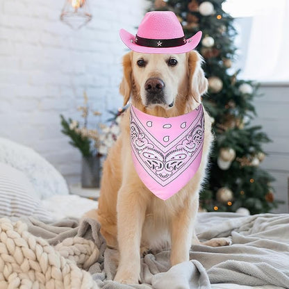 GOYOSWA Dog Halloween Costumes, Dog Cowboy Costume Halloween Pet Cowboy Hat Bandana Scarf for Small Medium Large Dogs Pets (Pink Hat & Pink Bandana, Large)