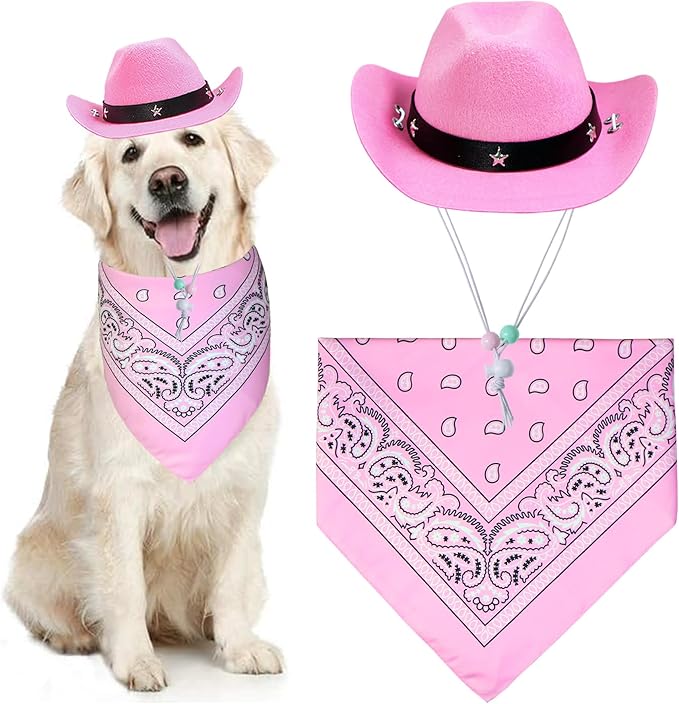 GOYOSWA Dog Halloween Costumes, Dog Cowboy Costume Halloween Pet Cowboy Hat Bandana Scarf for Small Medium Large Dogs Pets (Pink Hat & Pink Bandana, Large)
