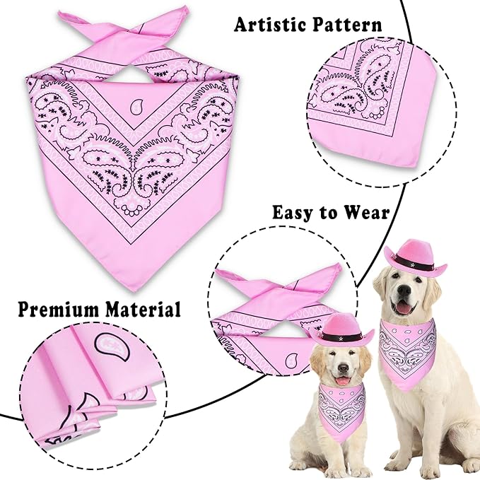 GOYOSWA Dog Halloween Costumes, Dog Cowboy Costume Halloween Pet Cowboy Hat Bandana Scarf for Small Medium Large Dogs Pets (Pink Hat & Pink Bandana, Large)