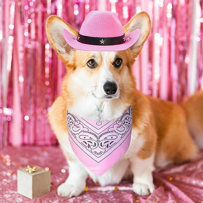 GOYOSWA Dog Halloween Costumes, Dog Cowboy Costume Halloween Pet Cowboy Hat Bandana Scarf for Small Medium Large Dogs Pets (Pink Hat & Pink Bandana, Large)