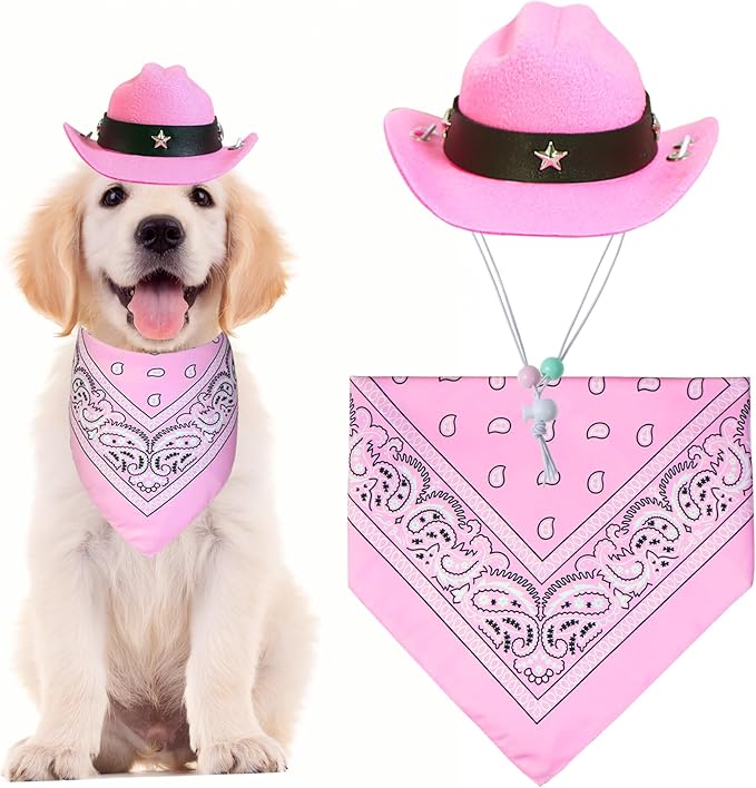 GOYOSWA Dog Halloween Costumes, Dog Cowboy Costume Halloween Pet Cowboy Hat Bandana Scarf for Small Medium Large Dogs Pets (Pink Hat & Pink Bandana, Small)