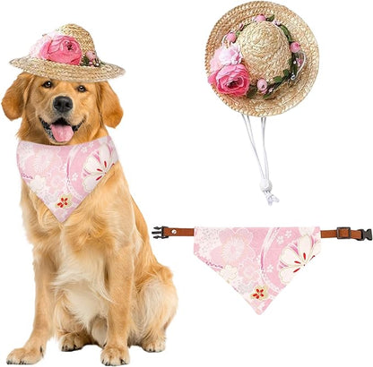 Hawaiian Costume for Dog Hawaiian Bandanna Summer Hat for cat Sunflower Bandanna Sunglasses Summer Costume for Pet (Pink)