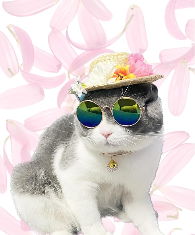 Hawaiian Costume for Dog Hawaiian Bandanna Summer Hat for cat Sunflower Bandanna Sunglasses Summer Costume for Pet (Pink)