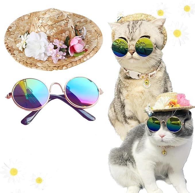 Hawaiian Costume for Dog Hawaiian Bandanna Summer Hat for cat Sunflower Bandanna Sunglasses Summer Costume for Pet (Pink)