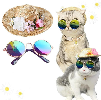 Hawaiian Costume for Dog Hawaiian Bandanna Summer Hat for cat Sunflower Bandanna Sunglasses Summer Costume for Pet (Pink)