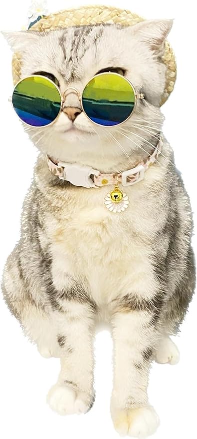 Hawaiian Costume for Dog Hawaiian Bandanna Summer Hat for cat Sunflower Bandanna Sunglasses Summer Costume for Pet (Pink)