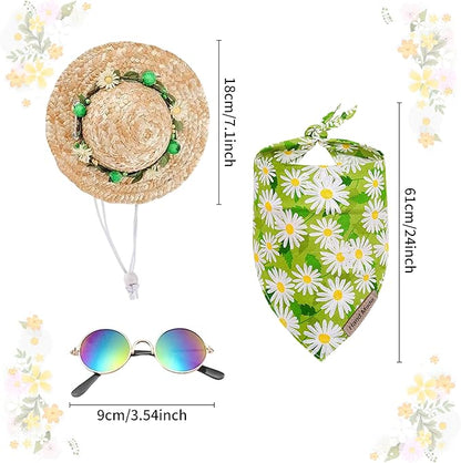 Hawaiian Costume Set for Dog & Cat: Sunflower Pet Hat, Bandana, Sunglasses - Yellow, Cotton, Summer