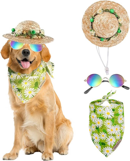 Hawaiian Costume Set for Dog & Cat: Sunflower Pet Hat, Bandana, Sunglasses - Yellow, Cotton, Summer