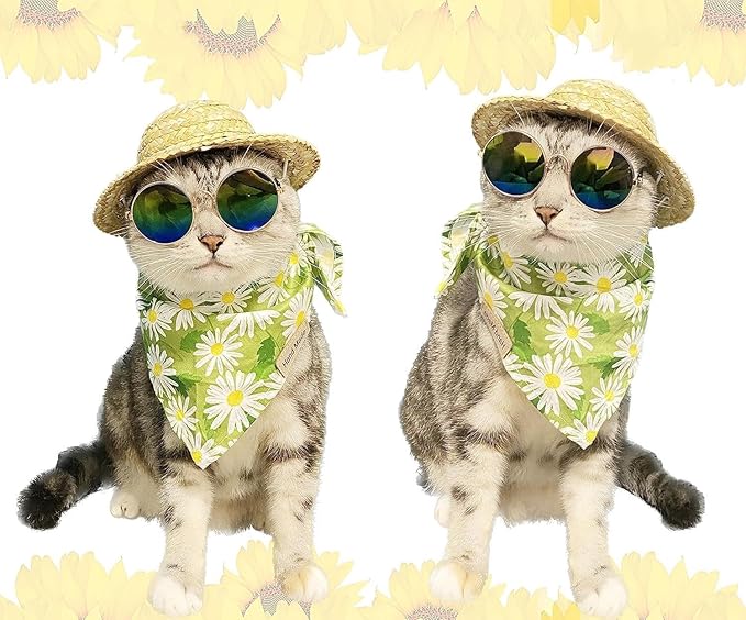 Hawaiian Costume Set for Dog & Cat: Sunflower Pet Hat, Bandana, Sunglasses - Yellow, Cotton, Summer