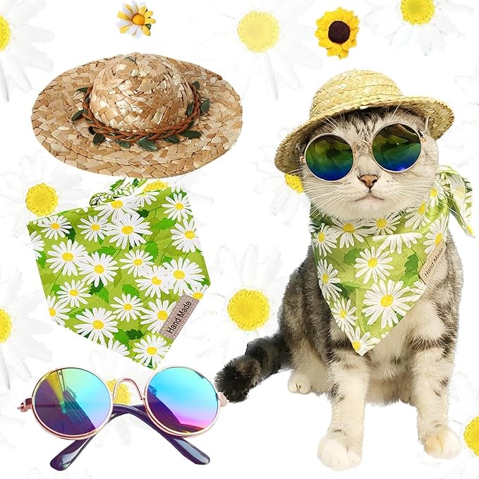 Hawaiian Costume Set for Dog & Cat: Sunflower Pet Hat, Bandana, Sunglasses - Yellow, Cotton, Summer