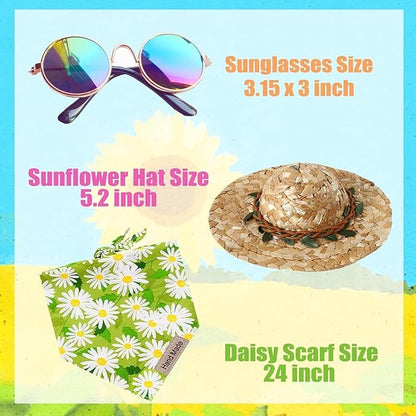 Hawaiian Costume Set for Dog & Cat: Sunflower Pet Hat, Bandana, Sunglasses - Yellow, Cotton, Summer