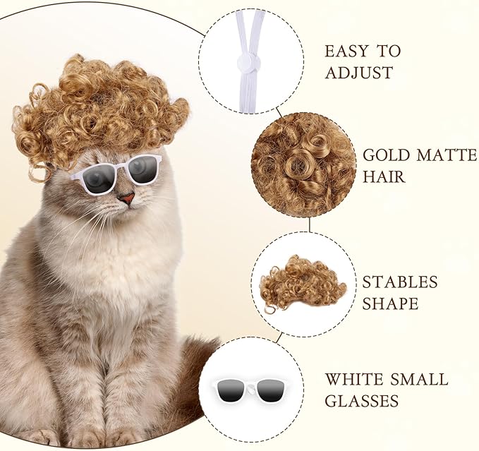 HOWWFALY Cat Apparel Cat Gold Afro Wig with White Small Glasses Styling Cute Funny Pet Hair Accessories Decoration for Halloween, Christmas, Parties