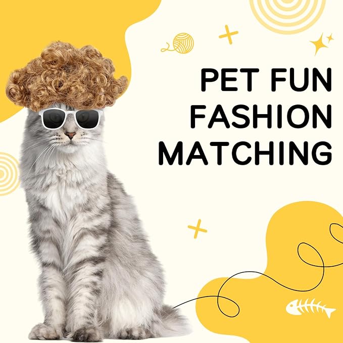 HOWWFALY Cat Apparel Cat Gold Afro Wig with White Small Glasses Styling Cute Funny Pet Hair Accessories Decoration for Halloween, Christmas, Parties