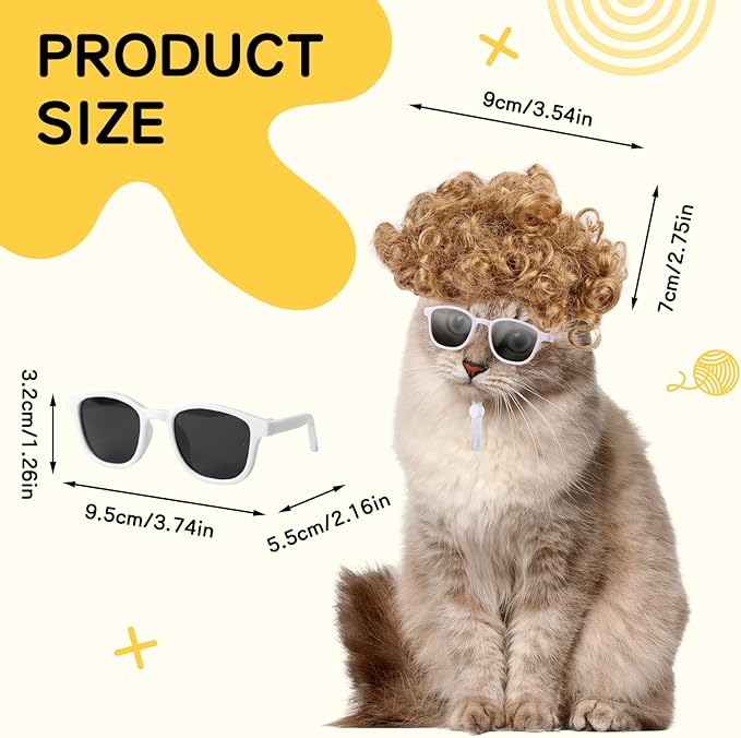 HOWWFALY Cat Apparel Cat Gold Afro Wig with White Small Glasses Styling Cute Funny Pet Hair Accessories Decoration for Halloween, Christmas, Parties