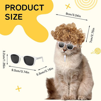 HOWWFALY Cat Apparel Cat Gold Afro Wig with White Small Glasses Styling Cute Funny Pet Hair Accessories Decoration for Halloween, Christmas, Parties
