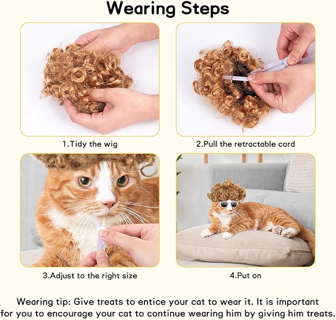 HOWWFALY Cat Apparel Cat Gold Afro Wig with White Small Glasses Styling Cute Funny Pet Hair Accessories Decoration for Halloween, Christmas, Parties