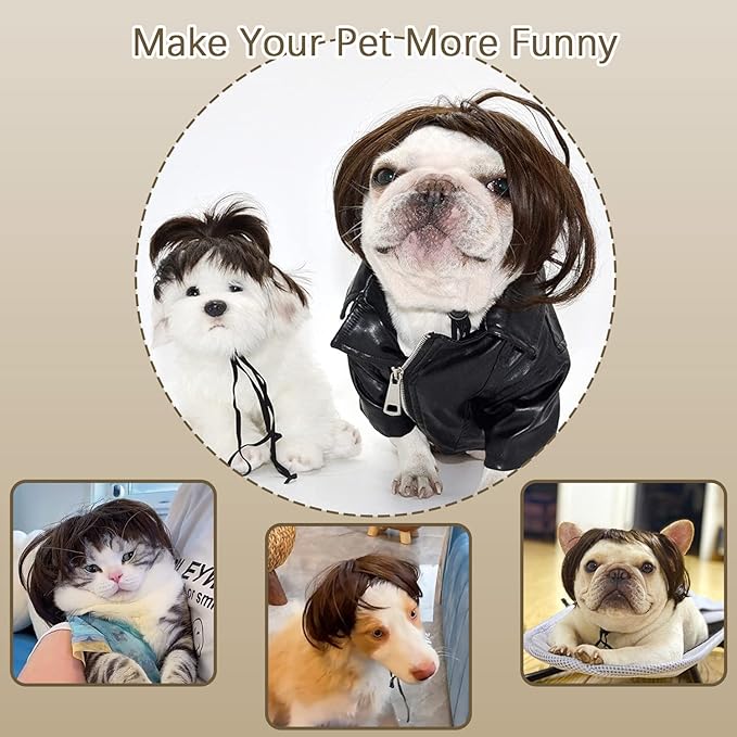 HOWWFALY Dog Costume Cat Apparel Dog Toys Curly Braids Headgear Wigs Styling Cute Funny Pet Hair Accessories Decoration for Halloween, Christmas, Parties(Flax)