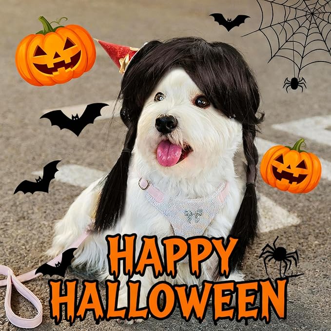 HOWWFALY Dog Costume Long Black BraidHair with Small Red Wizard Hat Styling CuteFunny Pet Hair Accessories Decoration forHalloween, Christmas, Parties
