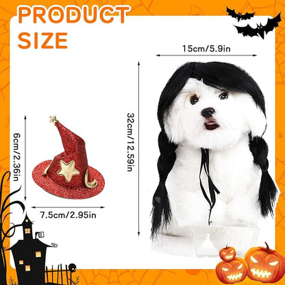 HOWWFALY Dog Costume Long Black BraidHair with Small Red Wizard Hat Styling CuteFunny Pet Hair Accessories Decoration forHalloween, Christmas, Parties