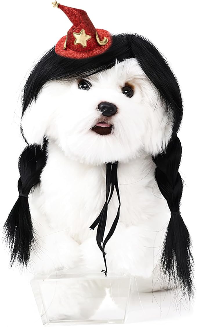 HOWWFALY Dog Costume Long Black BraidHair with Small Red Wizard Hat Styling CuteFunny Pet Hair Accessories Decoration forHalloween, Christmas, Parties