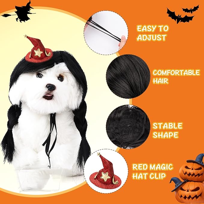 HOWWFALY Dog Costume Long Black BraidHair with Small Red Wizard Hat Styling CuteFunny Pet Hair Accessories Decoration forHalloween, Christmas, Parties