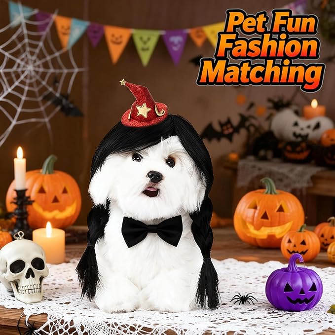 HOWWFALY Dog Costume Long Black BraidHair with Small Red Wizard Hat Styling CuteFunny Pet Hair Accessories Decoration forHalloween, Christmas, Parties