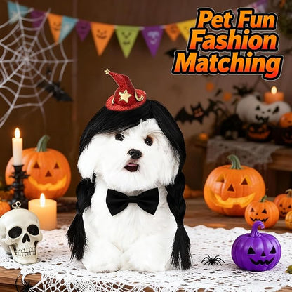 HOWWFALY Dog Costume Long Black BraidHair with Small Red Wizard Hat Styling CuteFunny Pet Hair Accessories Decoration forHalloween, Christmas, Parties