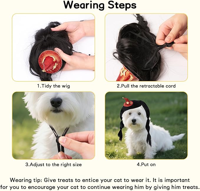 HOWWFALY Dog Costume Long Black BraidHair with Small Red Wizard Hat Styling CuteFunny Pet Hair Accessories Decoration forHalloween, Christmas, Parties