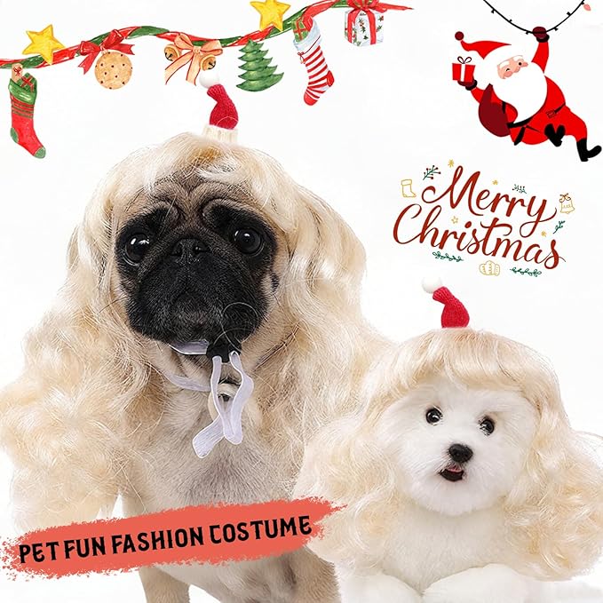 HOWWFALY Dog Costume Long Blonde CurlyWigs with Small Red Christmas Hat StylingCute Funny Pet Costumes AccessoriesDecoration for Halloween, Christmas, Parties