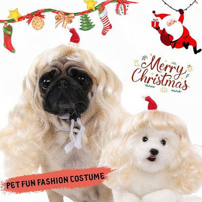 HOWWFALY Dog Costume Long Blonde CurlyWigs with Small Red Christmas Hat StylingCute Funny Pet Costumes AccessoriesDecoration for Halloween, Christmas, Parties