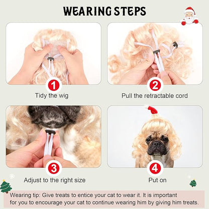 HOWWFALY Dog Costume Long Blonde CurlyWigs with Small Red Christmas Hat StylingCute Funny Pet Costumes AccessoriesDecoration for Halloween, Christmas, Parties