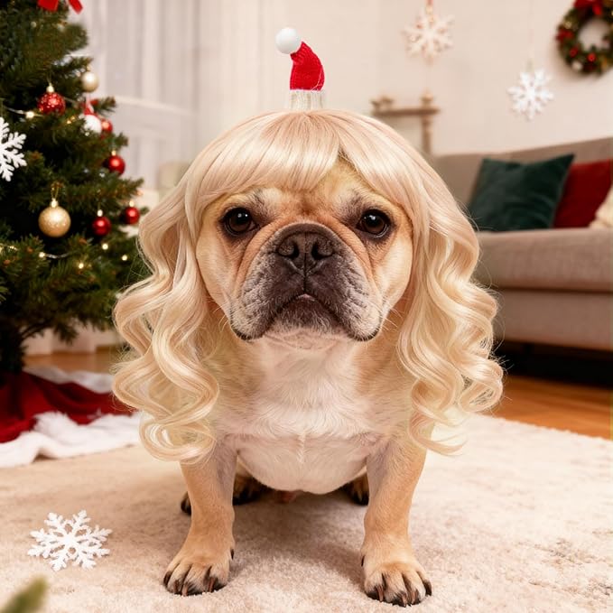 HOWWFALY Dog Costume Long Blonde CurlyWigs with Small Red Christmas Hat StylingCute Funny Pet Costumes AccessoriesDecoration for Halloween, Christmas, Parties