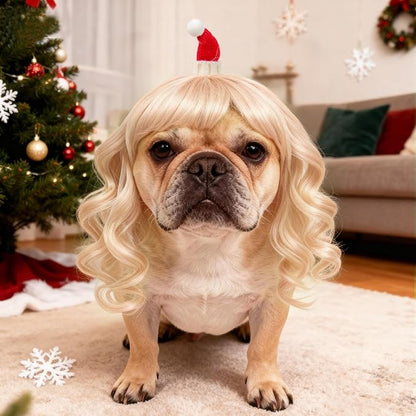 HOWWFALY Dog Costume Long Blonde CurlyWigs with Small Red Christmas Hat StylingCute Funny Pet Costumes AccessoriesDecoration for Halloween, Christmas, Parties
