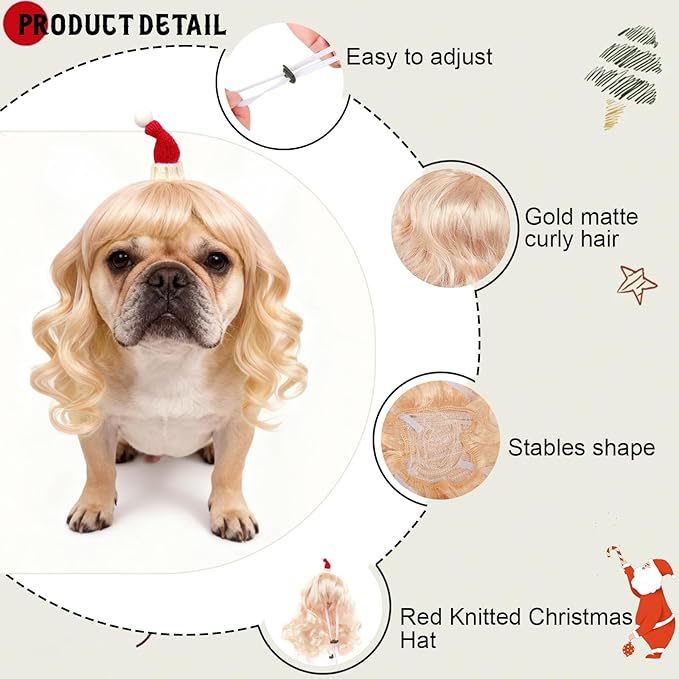 HOWWFALY Dog Costume Long Blonde CurlyWigs with Small Red Christmas Hat StylingCute Funny Pet Costumes AccessoriesDecoration for Halloween, Christmas, Parties