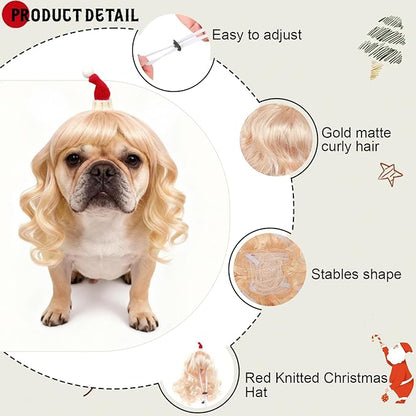 HOWWFALY Dog Costume Long Blonde CurlyWigs with Small Red Christmas Hat StylingCute Funny Pet Costumes AccessoriesDecoration for Halloween, Christmas, Parties