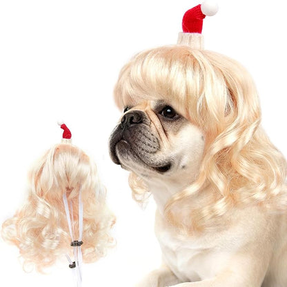 HOWWFALY Dog Costume Long Blonde CurlyWigs with Small Red Christmas Hat StylingCute Funny Pet Costumes AccessoriesDecoration for Halloween, Christmas, Parties