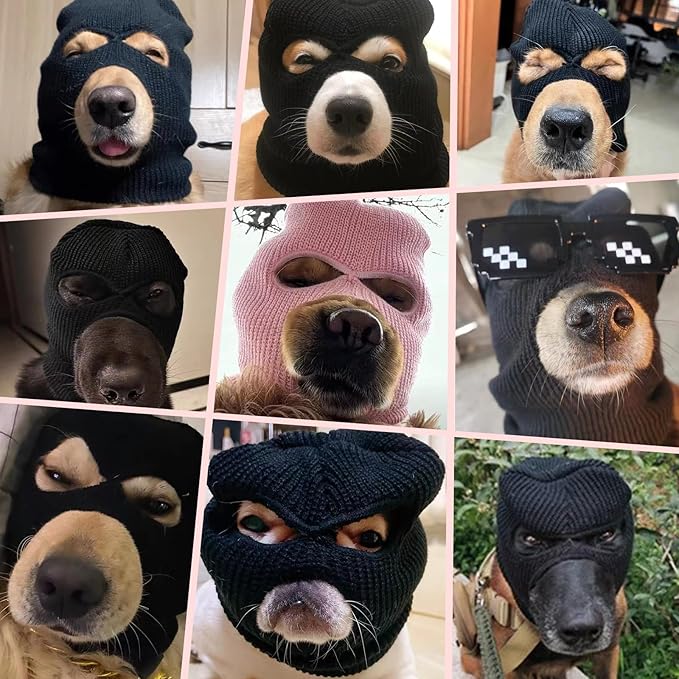 HOWWFALY Dog Halloween Christmas Costume Ear Muffs Noise Protection Knitted Dogs Ears Warm Hats Dog Robbers & Thieves Mask Funny Pet Cosplay for Medium Large Dog(Pink Mask)