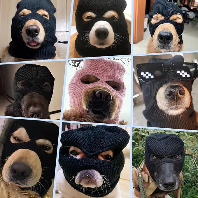 HOWWFALY Dog Halloween Christmas Costume Ear Muffs Noise Protection Knitted Dogs Ears Warm Hats Dog Robbers & Thieves Mask Funny Pet Cosplay for Medium Large Pets(Black Mask)