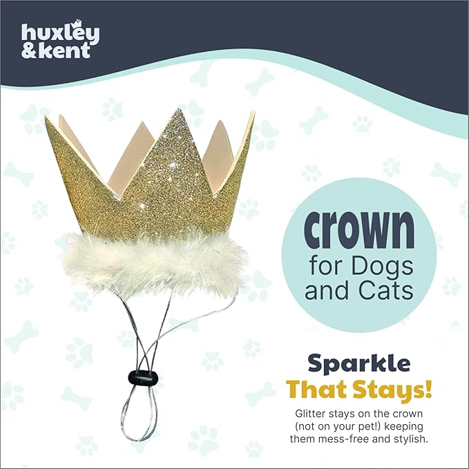 Huxley & Kent Pet Party Crown – Adjustable Glitter Crown Hat with SnugFit Straps – Party Accessory for Dogs & Cats – Gold, Large