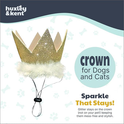Huxley & Kent Pet Party Crown – Adjustable Glitter Crown Hat with SnugFit Straps – Party Accessory for Dogs & Cats – Gold, Small
